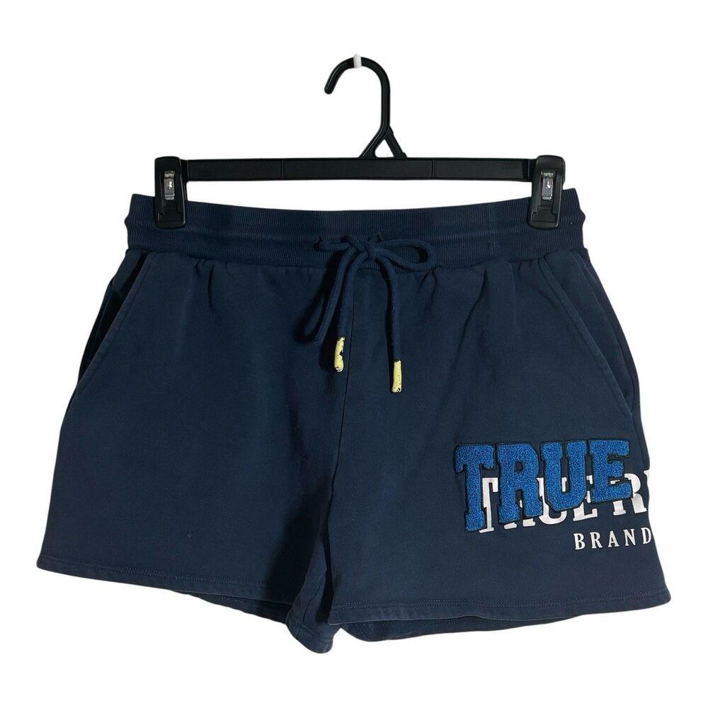 True Religion Relaxed Navy Drawstring Staggered Embroidered Sweat Shorts S Y2K